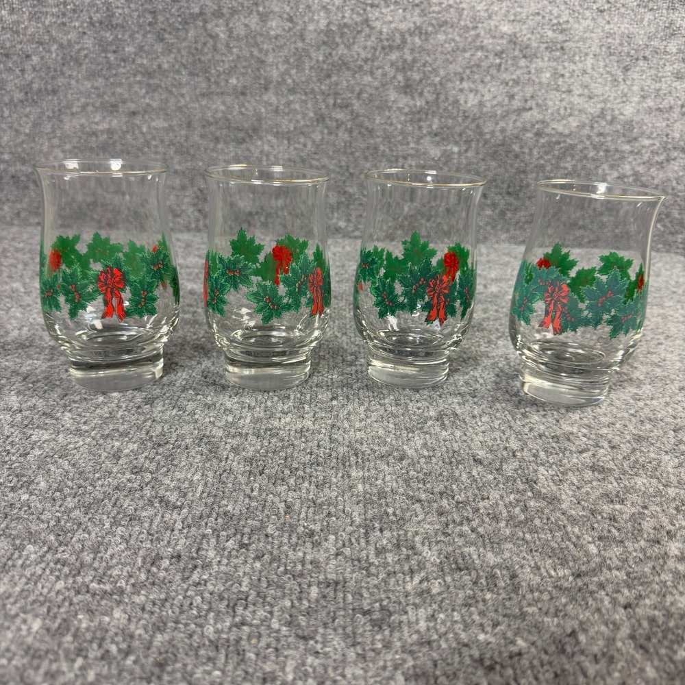 Vintage Libbey Glass Set of 4 Holly Berry Garland Gold Rim Holiday Tumbler